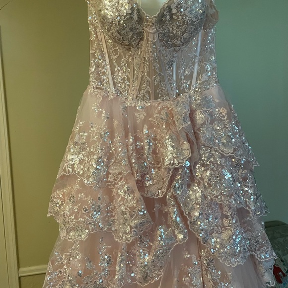 Sherri Hill Blush Pink Lace Off-Shoulder A-Line Tulle Sequin Prom Gown - Picture 3 of 8
